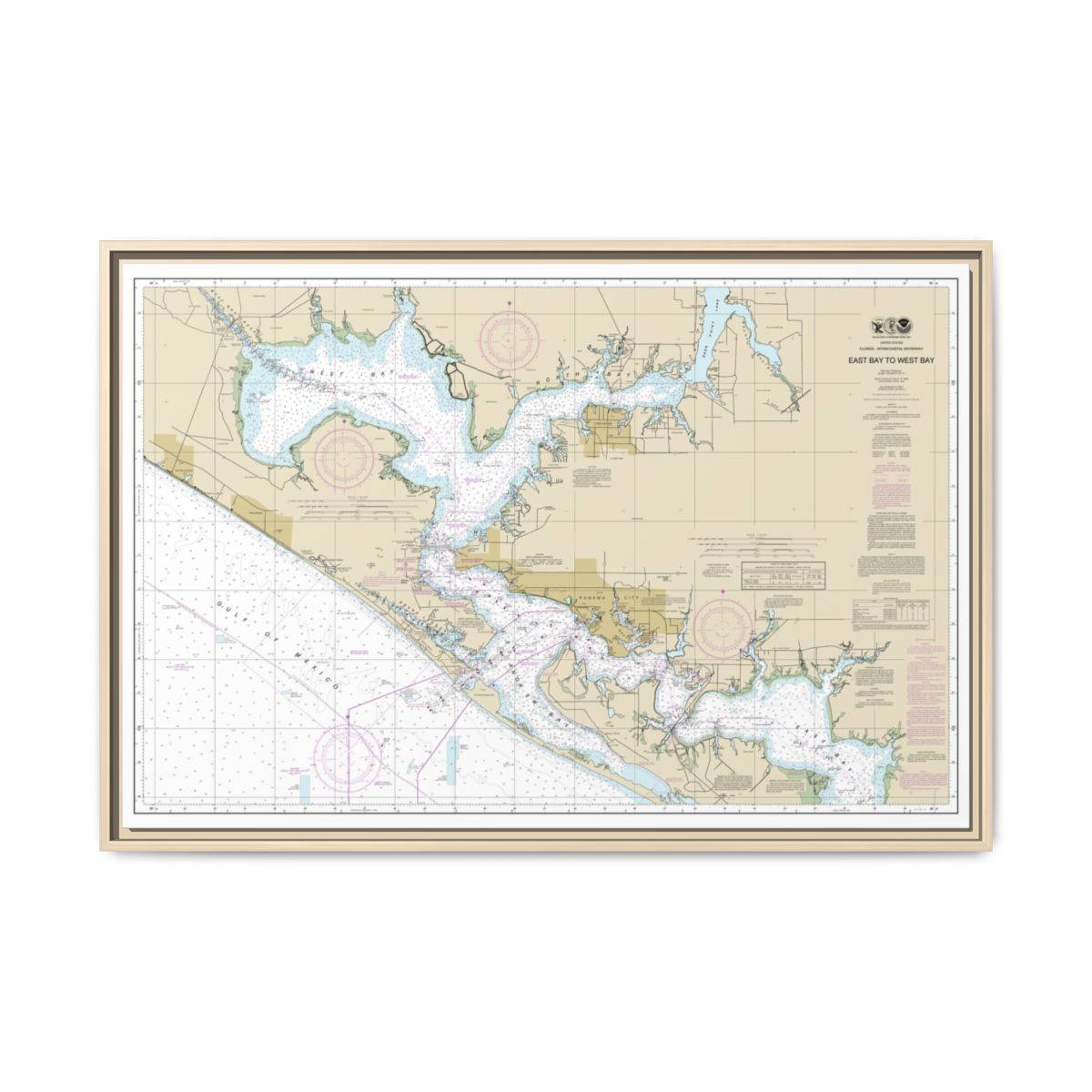 Chart 11390 Intracoastal Waterway East Bay to West Bay - NOAA Nautical Chart Floating Frame Canvas | 30" x 20" | 36" x 24" | 48" x 32" - Natural front