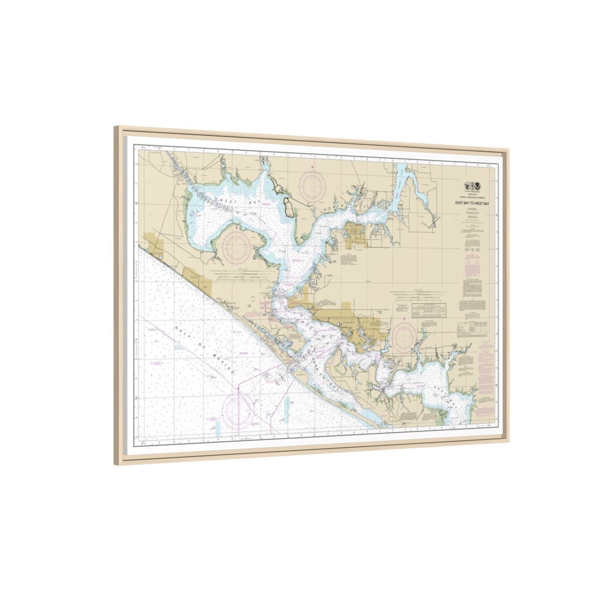 Chart 11390 Intracoastal Waterway East Bay to West Bay - NOAA Nautical Chart Floating Frame Canvas | 30" x 20" | 36" x 24" | 48" x 32" - Natural side