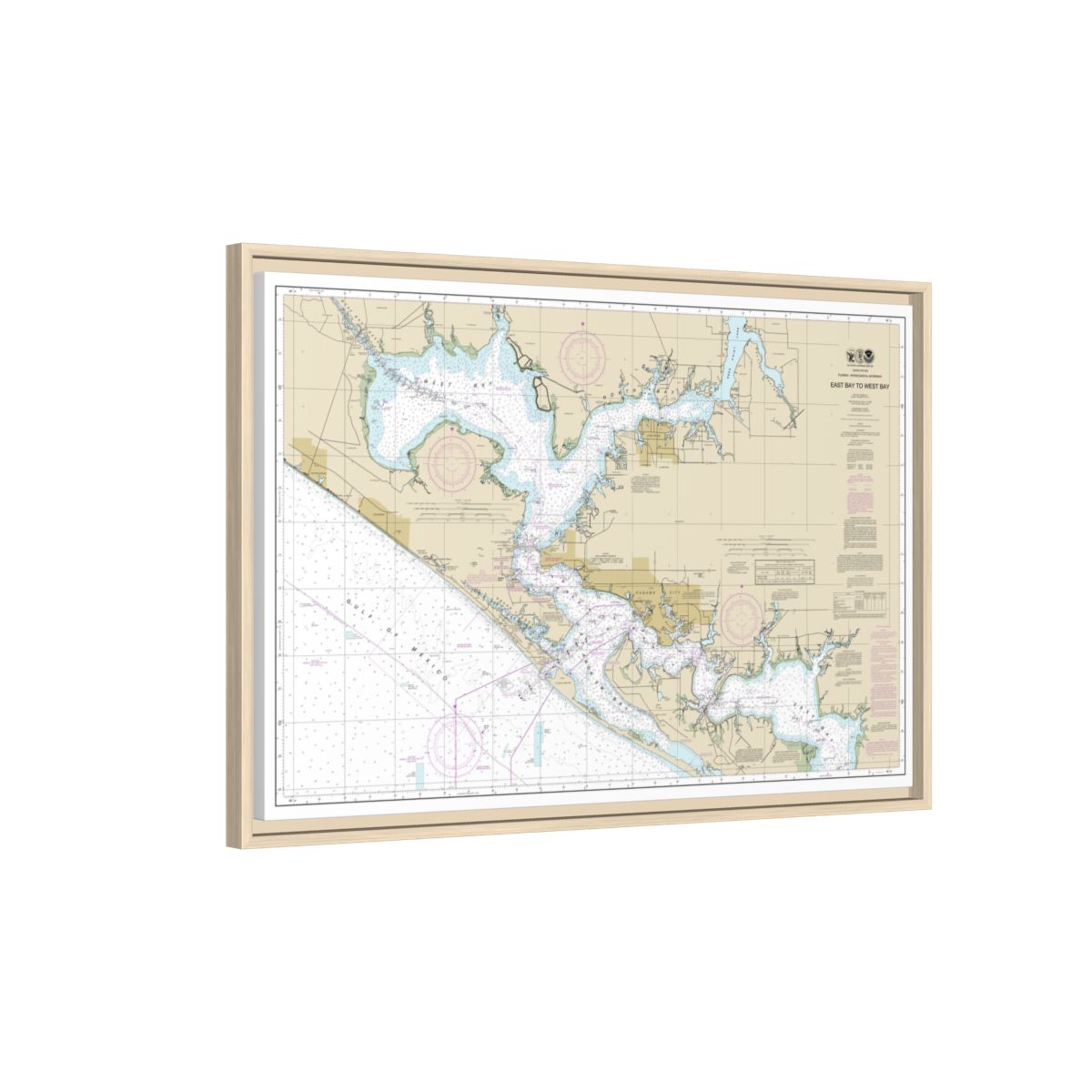 Chart 11390 Intracoastal Waterway East Bay to West Bay - NOAA Nautical Chart Floating Frame Canvas | 30" x 20" | 36" x 24" | 48" x 32" - Natural side