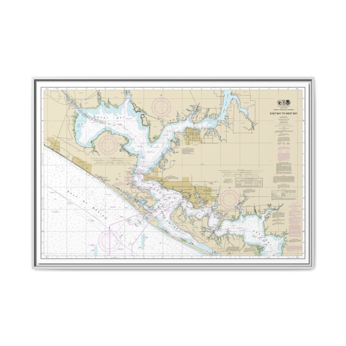 Chart 11390 Intracoastal Waterway East Bay to West Bay - NOAA Nautical Chart Floating Frame Canvas | 30" x 20" | 36" x 24" | 48" x 32" - White front