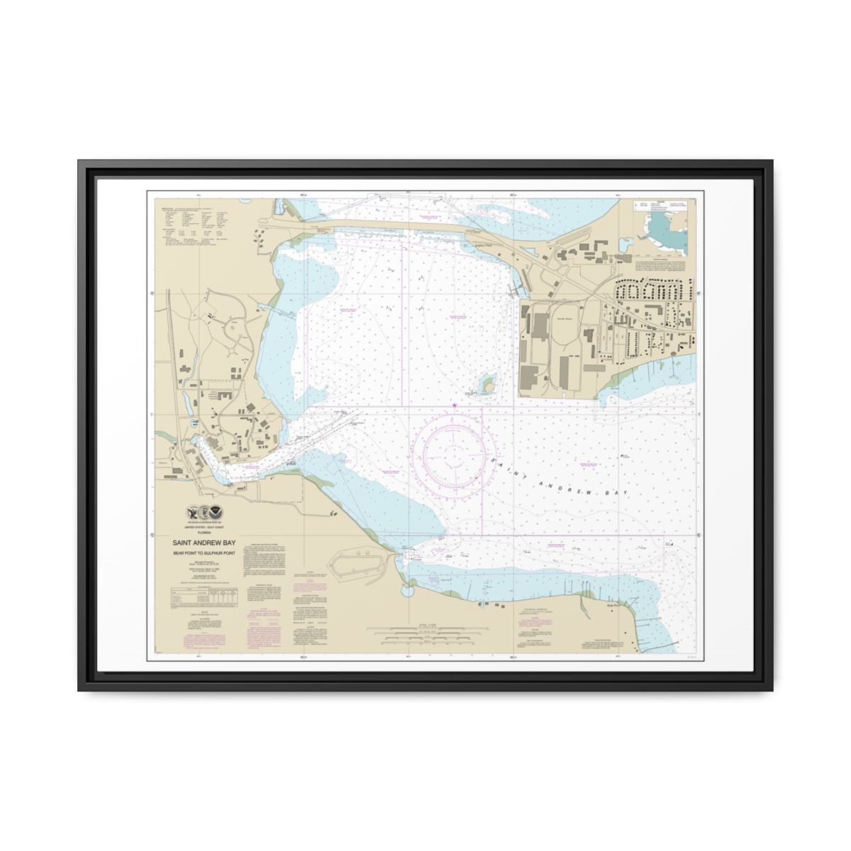 Chart 11392 St. Andrew Bay - Bear Point to Sulpher Point - NOAA Nautical Chart Floating Frame Canvas | 32" x 24" | 40" x 30" - Black front