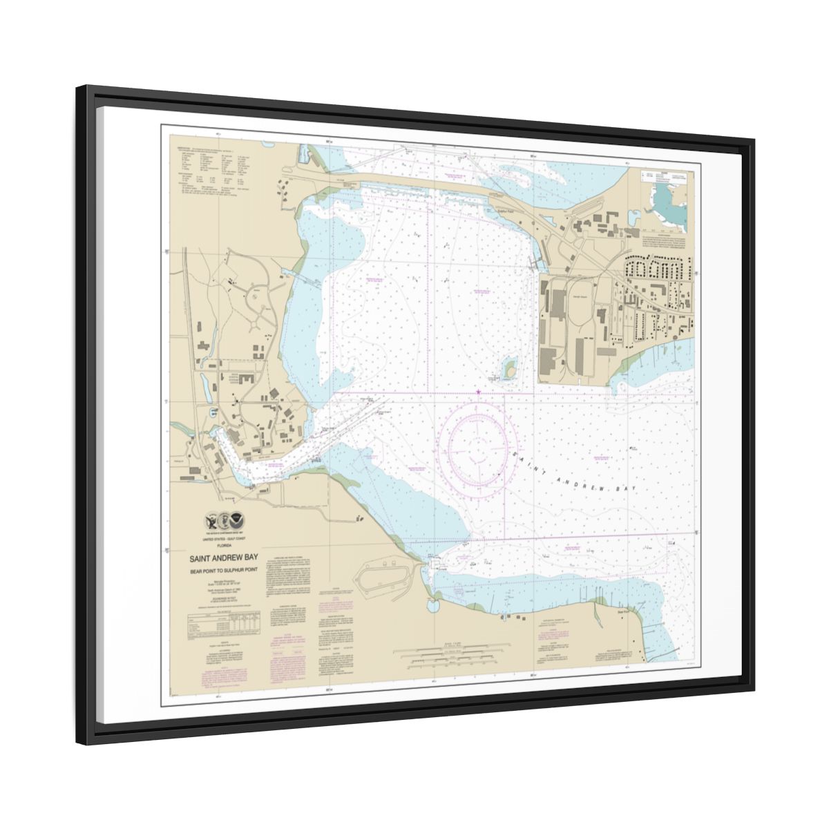 Chart 11392 St. Andrew Bay - Bear Point to Sulpher Point - NOAA Nautical Chart Floating Frame Canvas | 32" x 24" | 40" x 30" - Black side