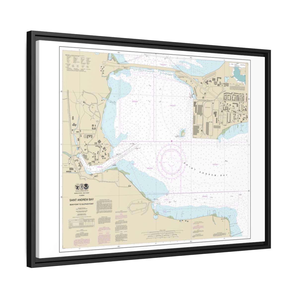 Chart 11392 St. Andrew Bay - Bear Point to Sulpher Point - NOAA Nautical Chart Floating Frame Canvas | 32" x 24" | 40" x 30" - Black side