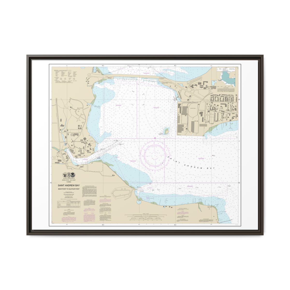 Chart 11392 St. Andrew Bay - Bear Point to Sulpher Point - NOAA Nautical Chart Floating Frame Canvas | 32" x 24" | 40" x 30" - Espresso front