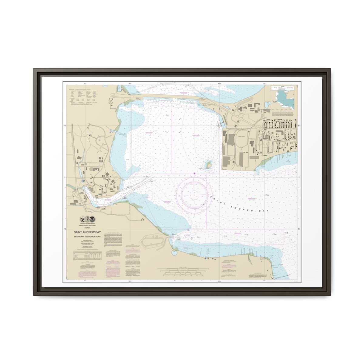 Chart 11392 St. Andrew Bay - Bear Point to Sulpher Point - NOAA Nautical Chart Floating Frame Canvas | 32" x 24" | 40" x 30" - Espresso front