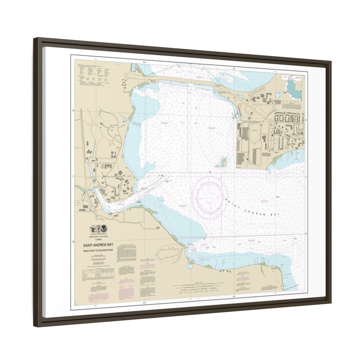 Chart 11392 St. Andrew Bay - Bear Point to Sulpher Point - NOAA Nautical Chart Floating Frame Canvas | 32" x 24" | 40" x 30" - Espresso side