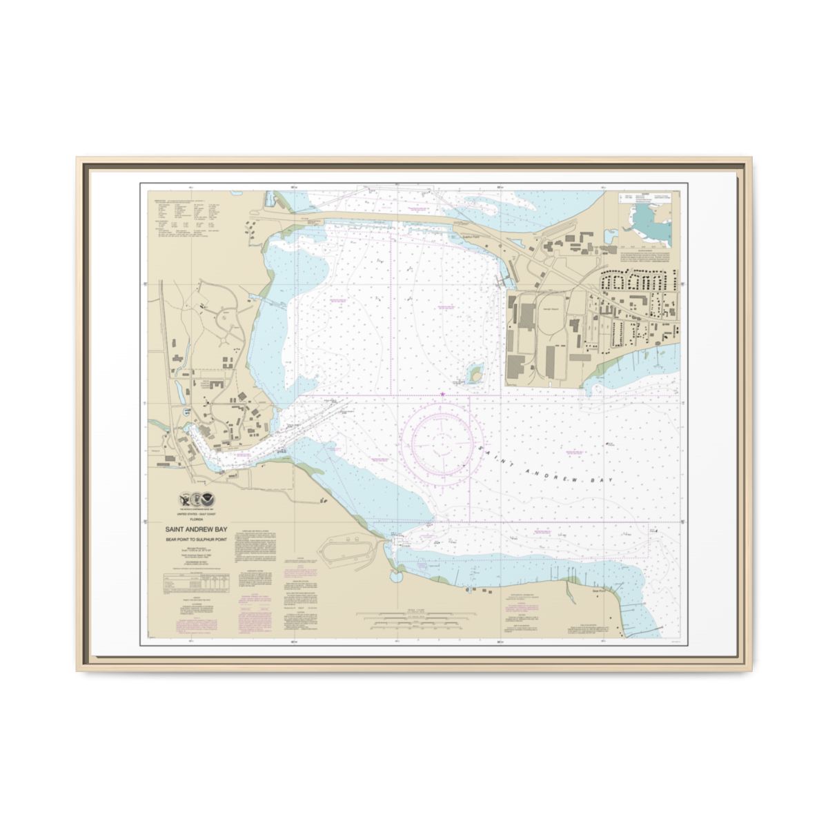 Chart 11392 St. Andrew Bay - Bear Point to Sulpher Point - NOAA Nautical Chart Floating Frame Canvas | 32" x 24" | 40" x 30" - Natural front