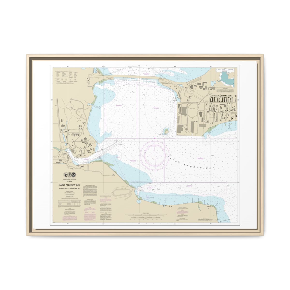 Chart 11392 St. Andrew Bay - Bear Point to Sulpher Point - NOAA Nautical Chart Floating Frame Canvas | 32" x 24" | 40" x 30" - Natural front