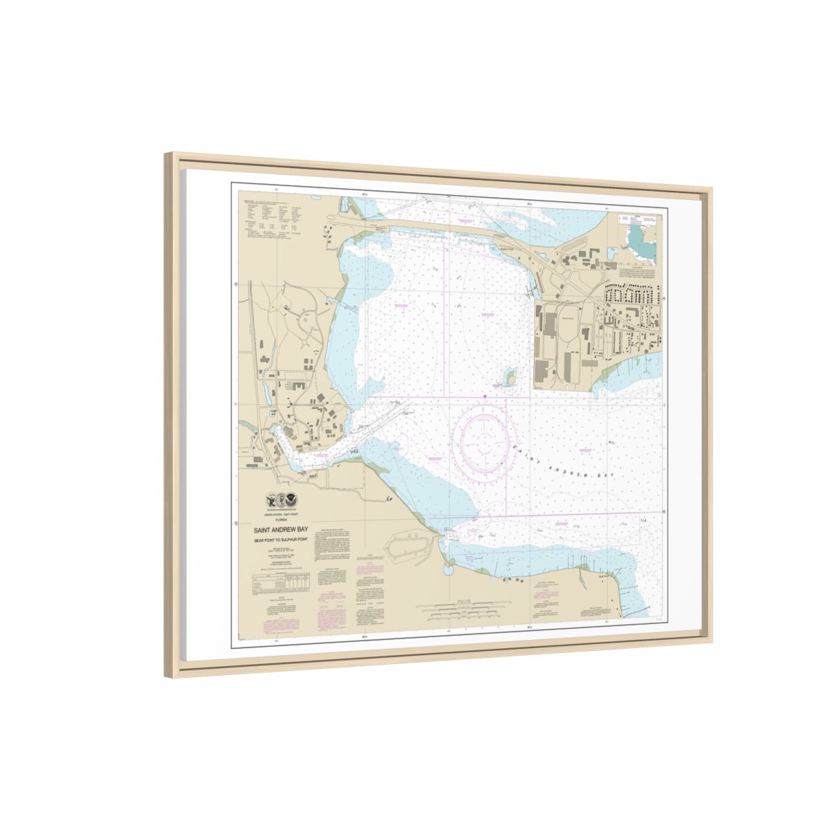 Chart 11392 St. Andrew Bay - Bear Point to Sulpher Point - NOAA Nautical Chart Floating Frame Canvas | 32" x 24" | 40" x 30" - Natural side