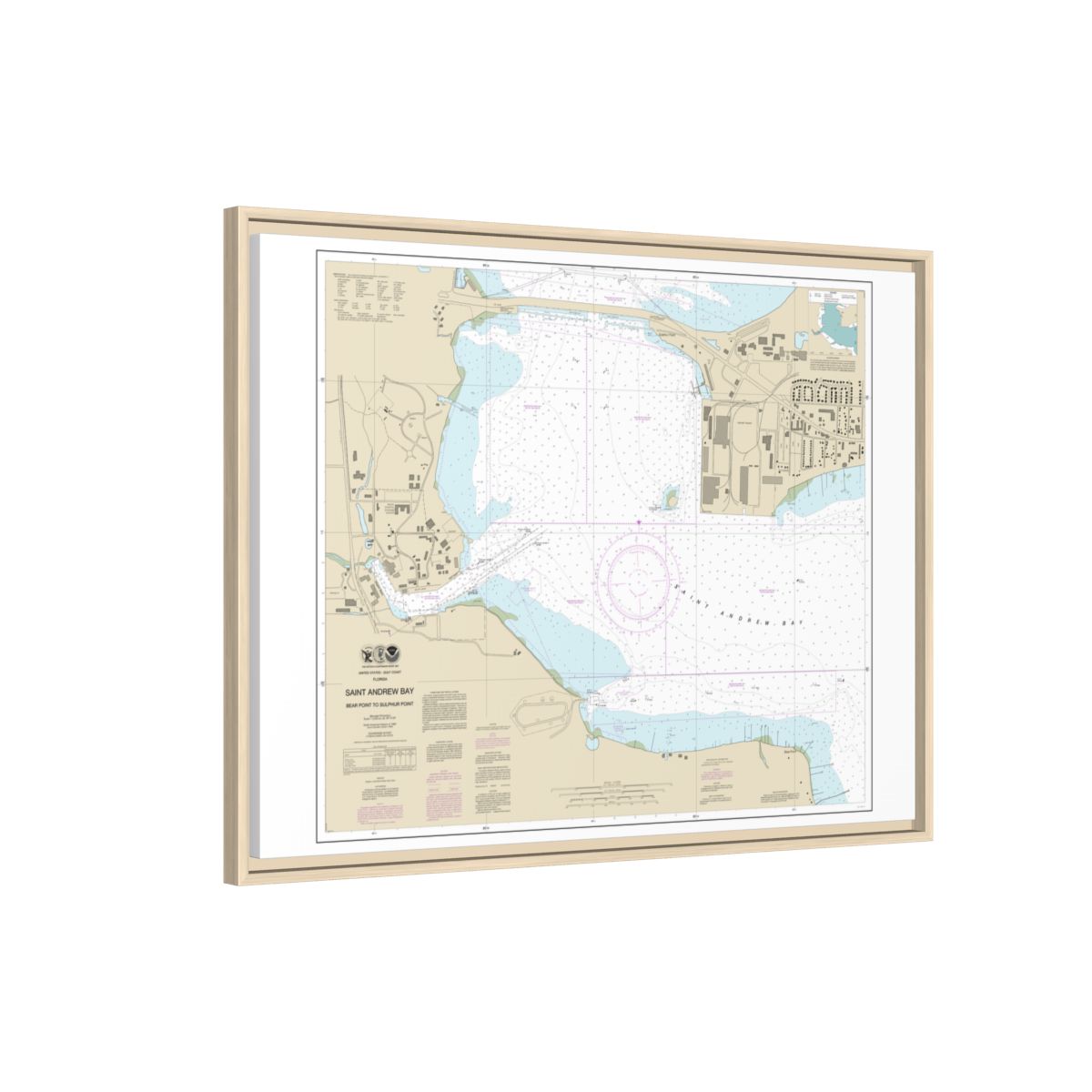 Chart 11392 St. Andrew Bay - Bear Point to Sulpher Point - NOAA Nautical Chart Floating Frame Canvas | 32" x 24" | 40" x 30" - Natural side