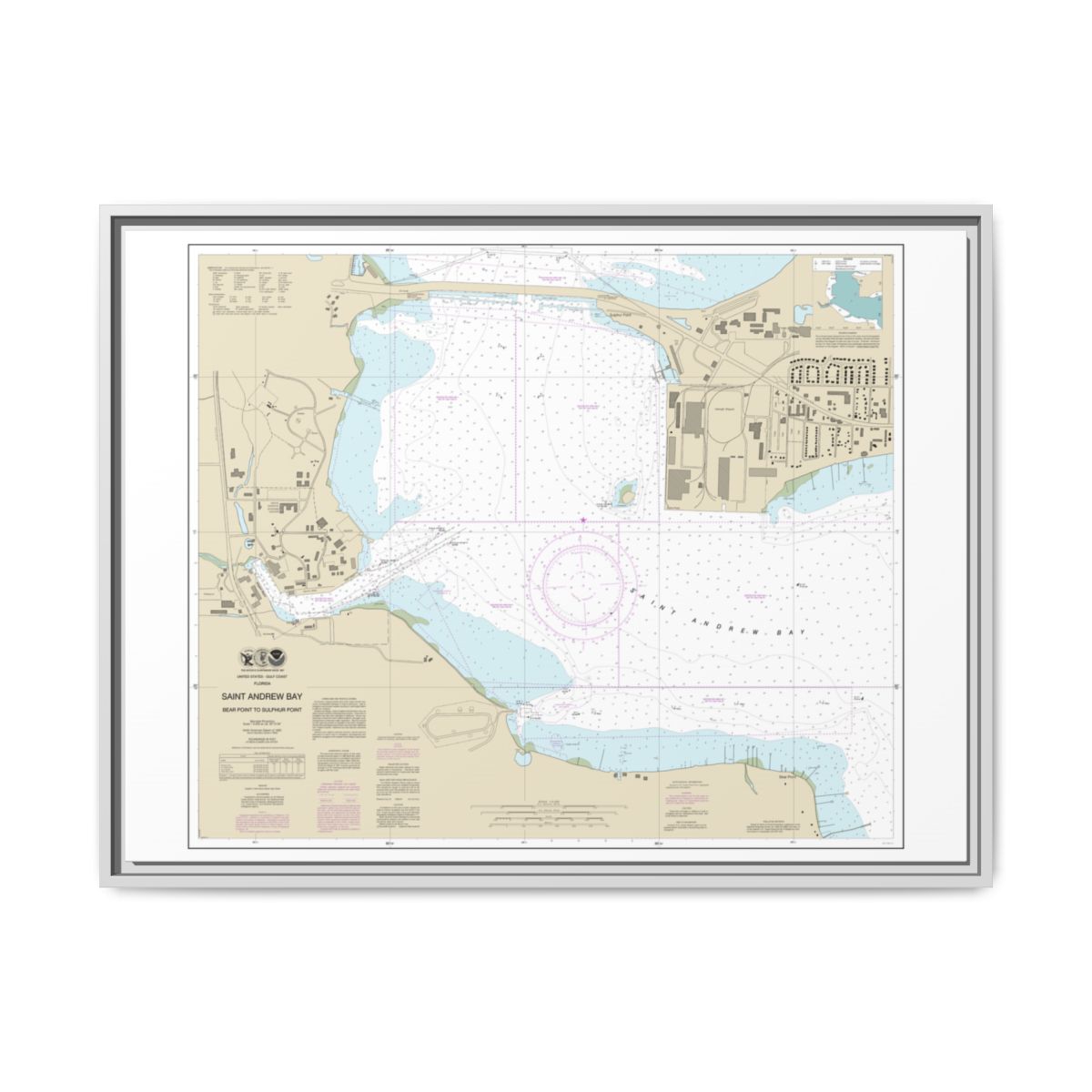 Chart 11392 St. Andrew Bay - Bear Point to Sulpher Point - NOAA Nautical Chart Floating Frame Canvas | 32" x 24" | 40" x 30" - White front