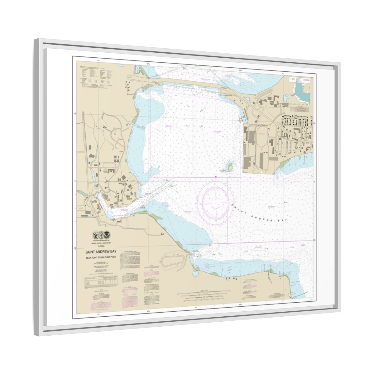 Chart 11392 St. Andrew Bay - Bear Point to Sulpher Point - NOAA Nautical Chart Floating Frame Canvas | 32" x 24" | 40" x 30" - White side