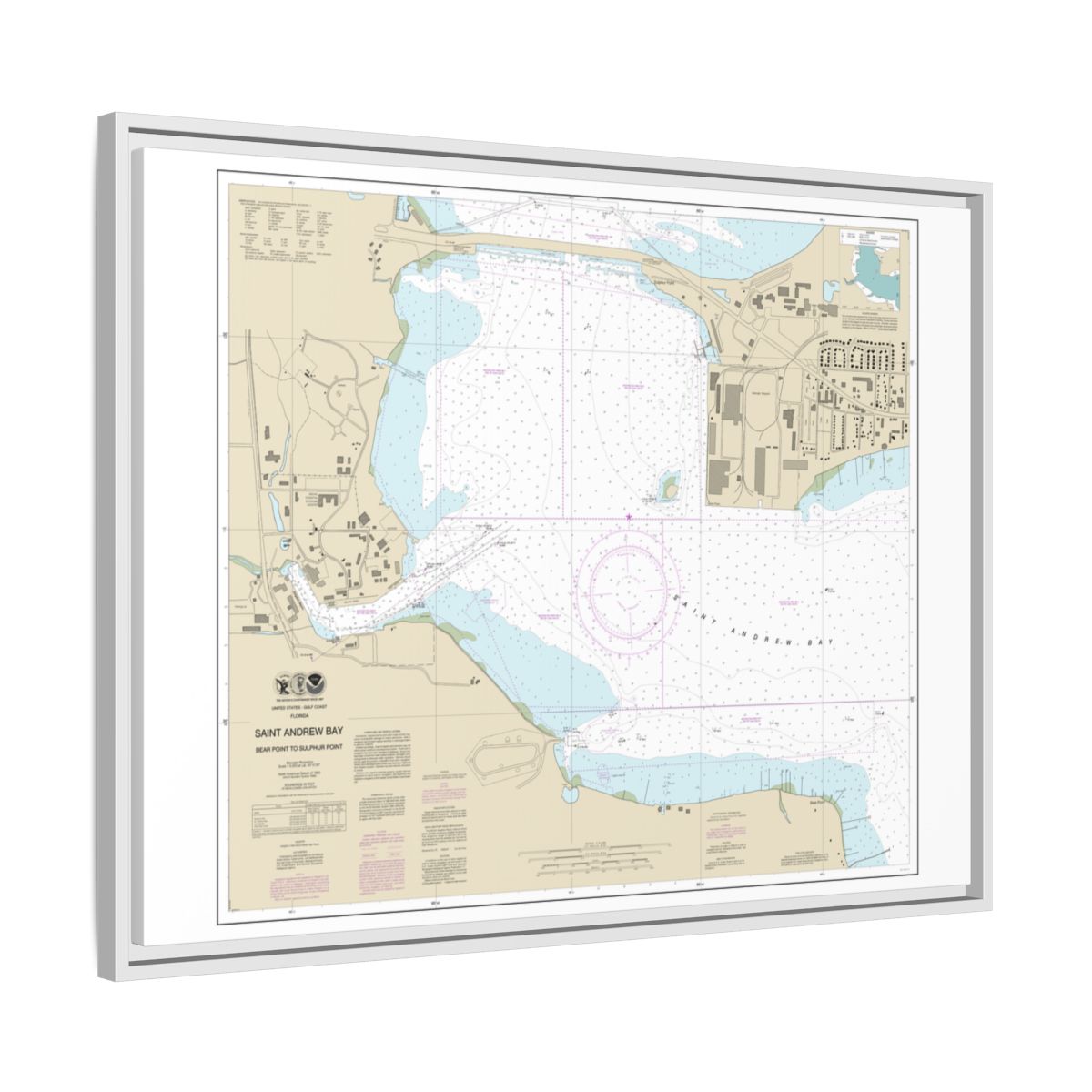 Chart 11392 St. Andrew Bay - Bear Point to Sulpher Point - NOAA Nautical Chart Floating Frame Canvas | 32" x 24" | 40" x 30" - White side