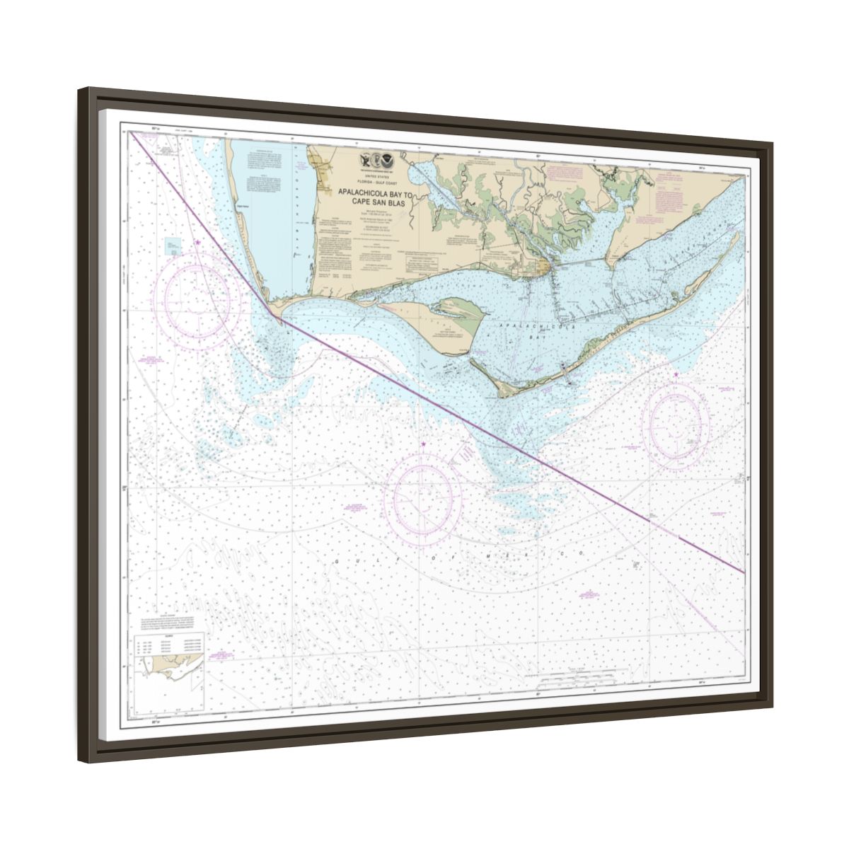 Chart 11401 Apalachicola Bay to Cape San Blas - NOAA Nautical Chart Floating Frame Canvas | 32" x 24" | 40" x 30" - Espresso side