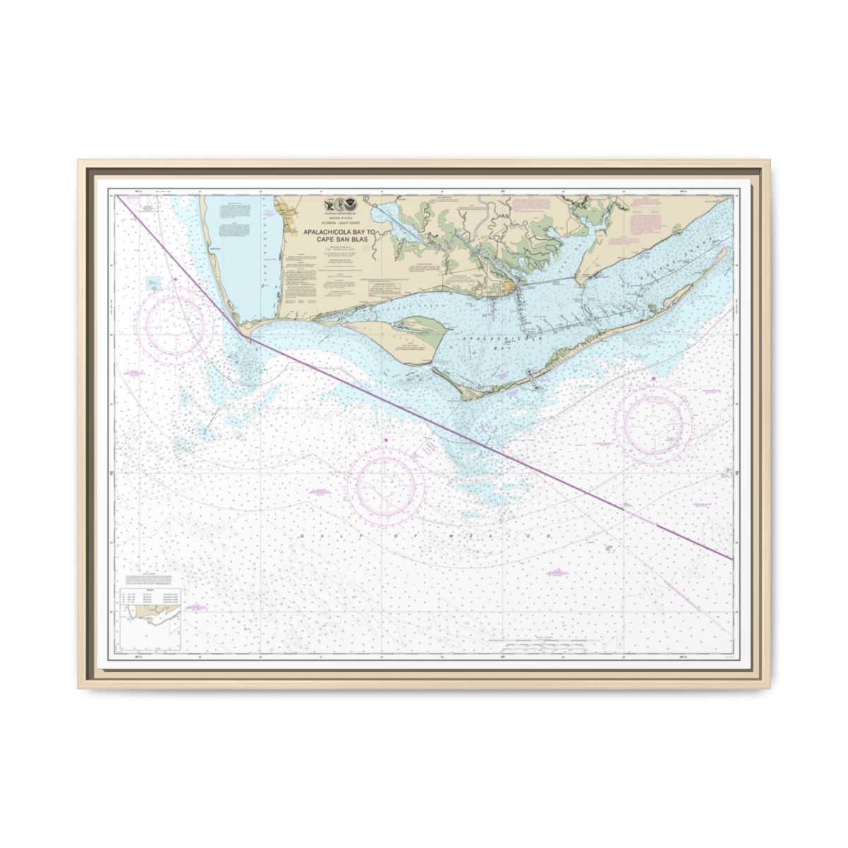 Chart 11401 Apalachicola Bay to Cape San Blas - NOAA Nautical Chart Floating Frame Canvas | 32" x 24" | 40" x 30" - Natural front
