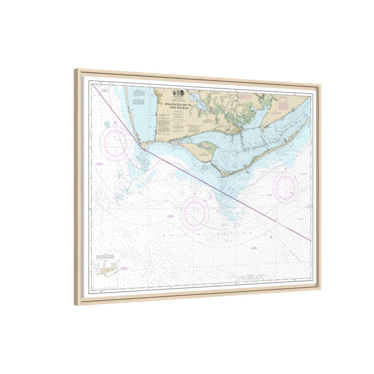 Chart 11401 Apalachicola Bay to Cape San Blas - NOAA Nautical Chart Floating Frame Canvas | 32" x 24" | 40" x 30" - Natural side