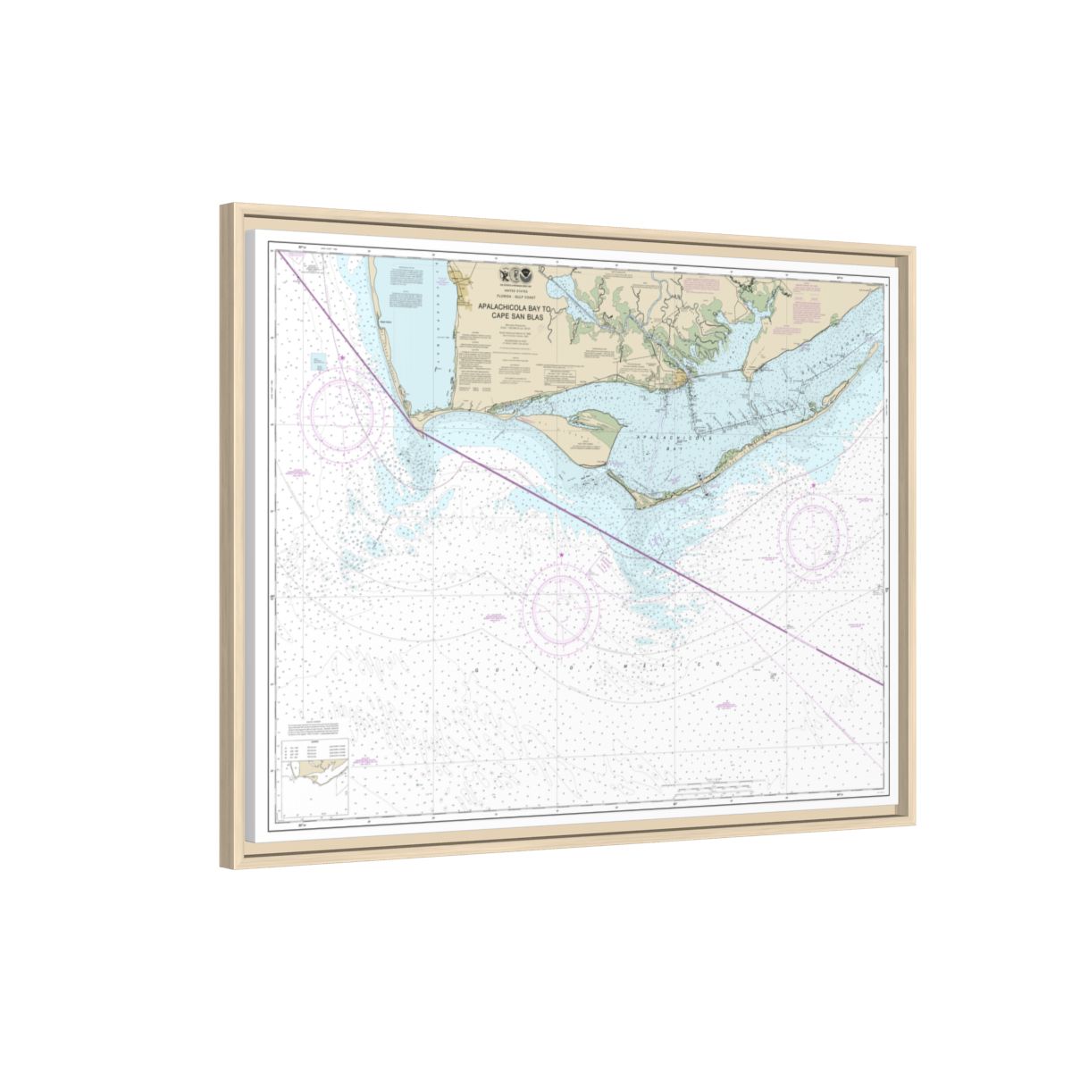 Chart 11401 Apalachicola Bay to Cape San Blas - NOAA Nautical Chart Floating Frame Canvas | 32" x 24" | 40" x 30" - Natural side