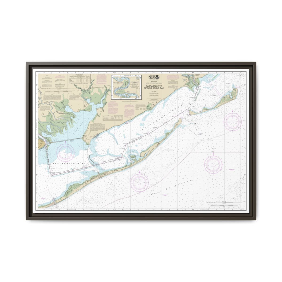 Chart 11404 Intracoastal Waterway Carrabelle to Apalachicola Bay;Carrabelle River - NOAA Nautical Chart Floating Frame Canvas | 30" x 20" | 36" x 24" | 48" x 32" - Espresso front