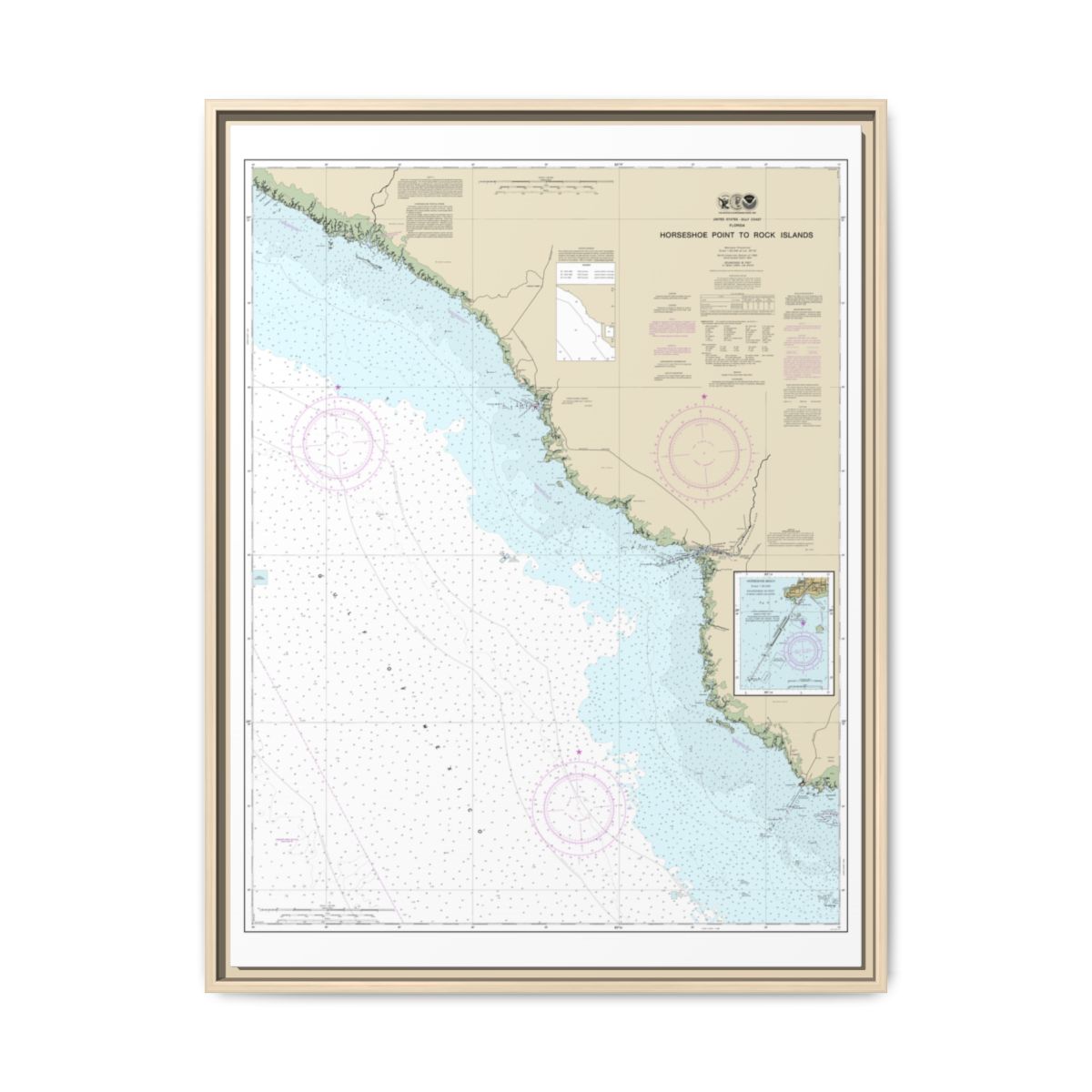 Chart 11407 Horseshoe Point to Rock Islands;Horseshoe Beach - NOAA Nautical Chart Floating Frame Canvas | 24" x 32" | 30" x 40" - Natural front