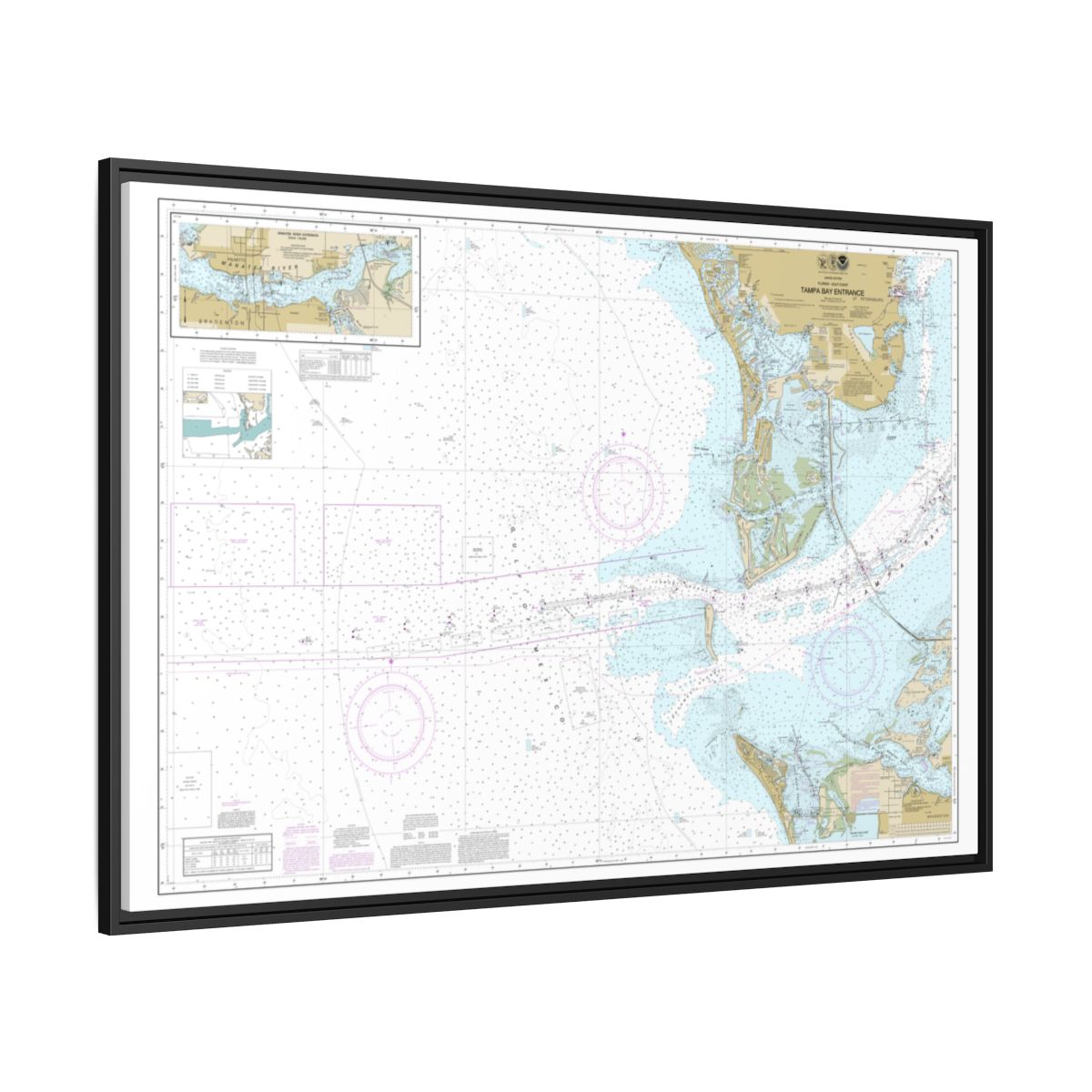 Chart 11415 Tampa Bay Entrance; Manatee River Extension - NOAA Nautical Chart Floating Frame Canvas | 30" x 20" | 36" x 24" | 48" x 32" - Black side