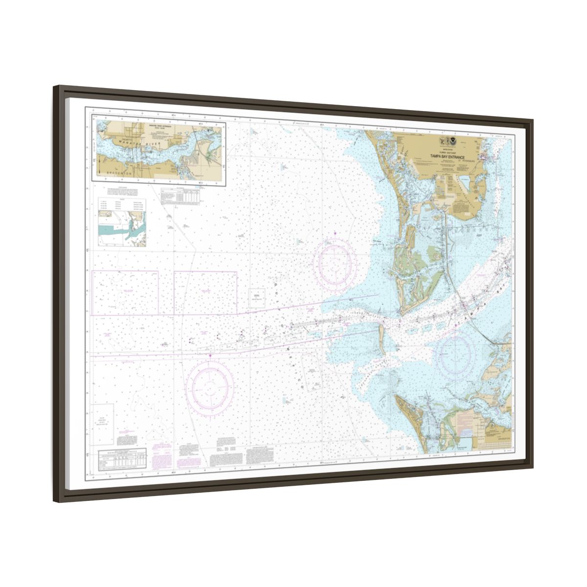 Chart 11415 Tampa Bay Entrance; Manatee River Extension - NOAA Nautical Chart Floating Frame Canvas | 30" x 20" | 36" x 24" | 48" x 32" - Espresso side