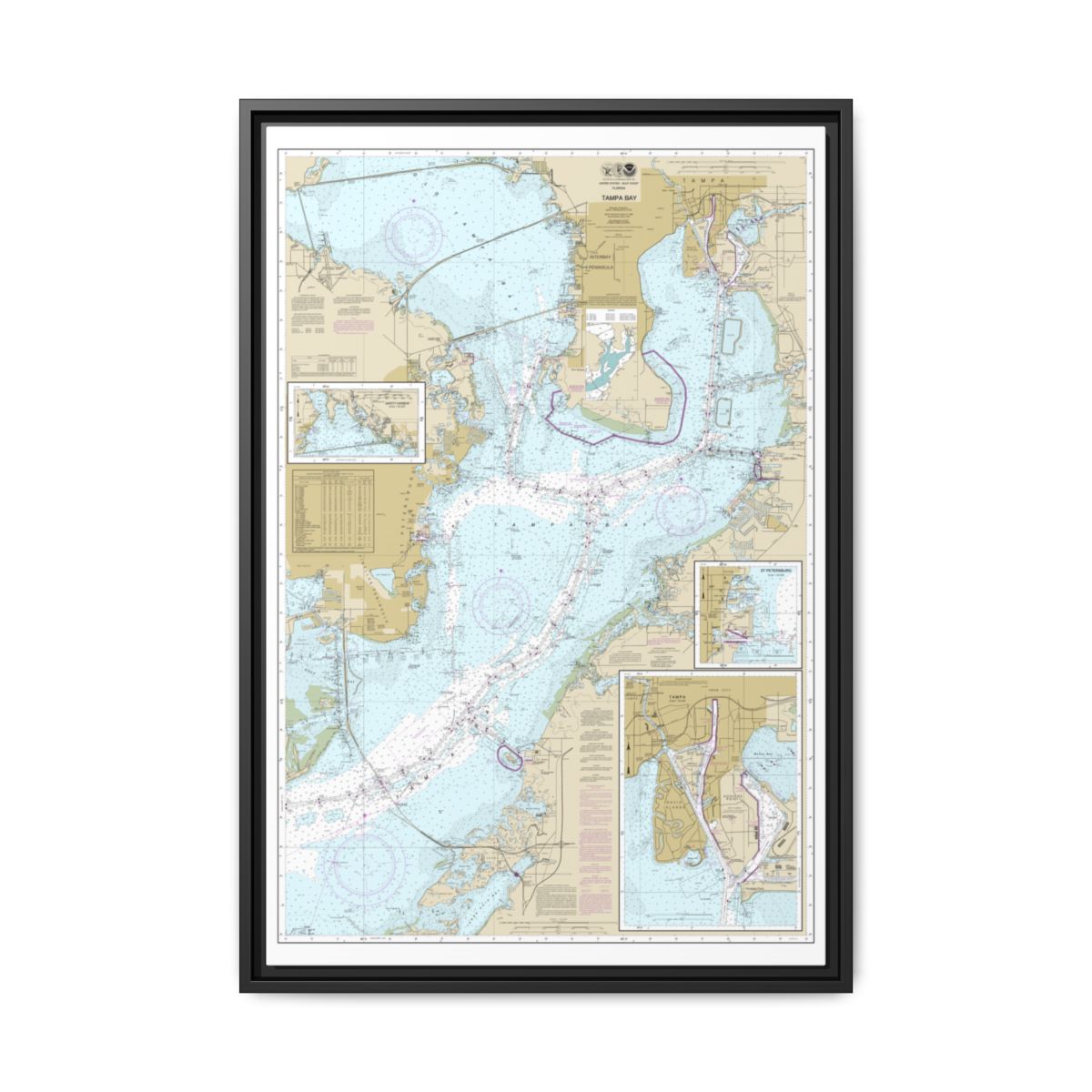 Chart 11416 Tampa Bay;Safety Harbor;St. Petersburg;Tampa - NOAA Nautical Chart Floating Frame Canvas | 20" x 30" | 24" x 36" | 32" x 48" - Black front