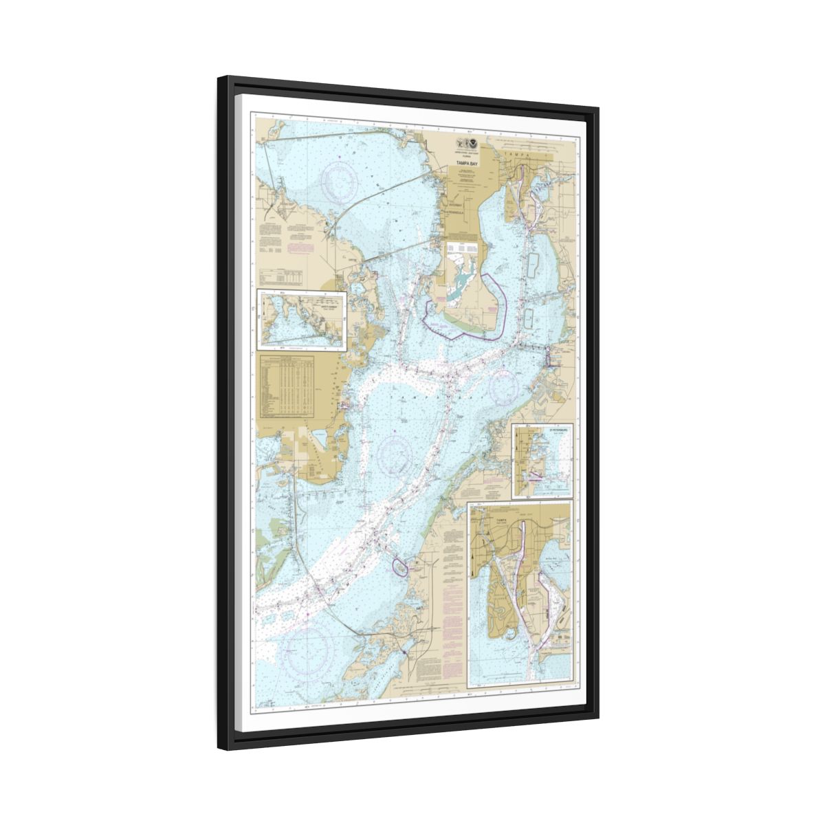 Chart 11416 Tampa Bay;Safety Harbor;St. Petersburg;Tampa - NOAA Nautical Chart Floating Frame Canvas | 20" x 30" | 24" x 36" | 32" x 48" - Black side