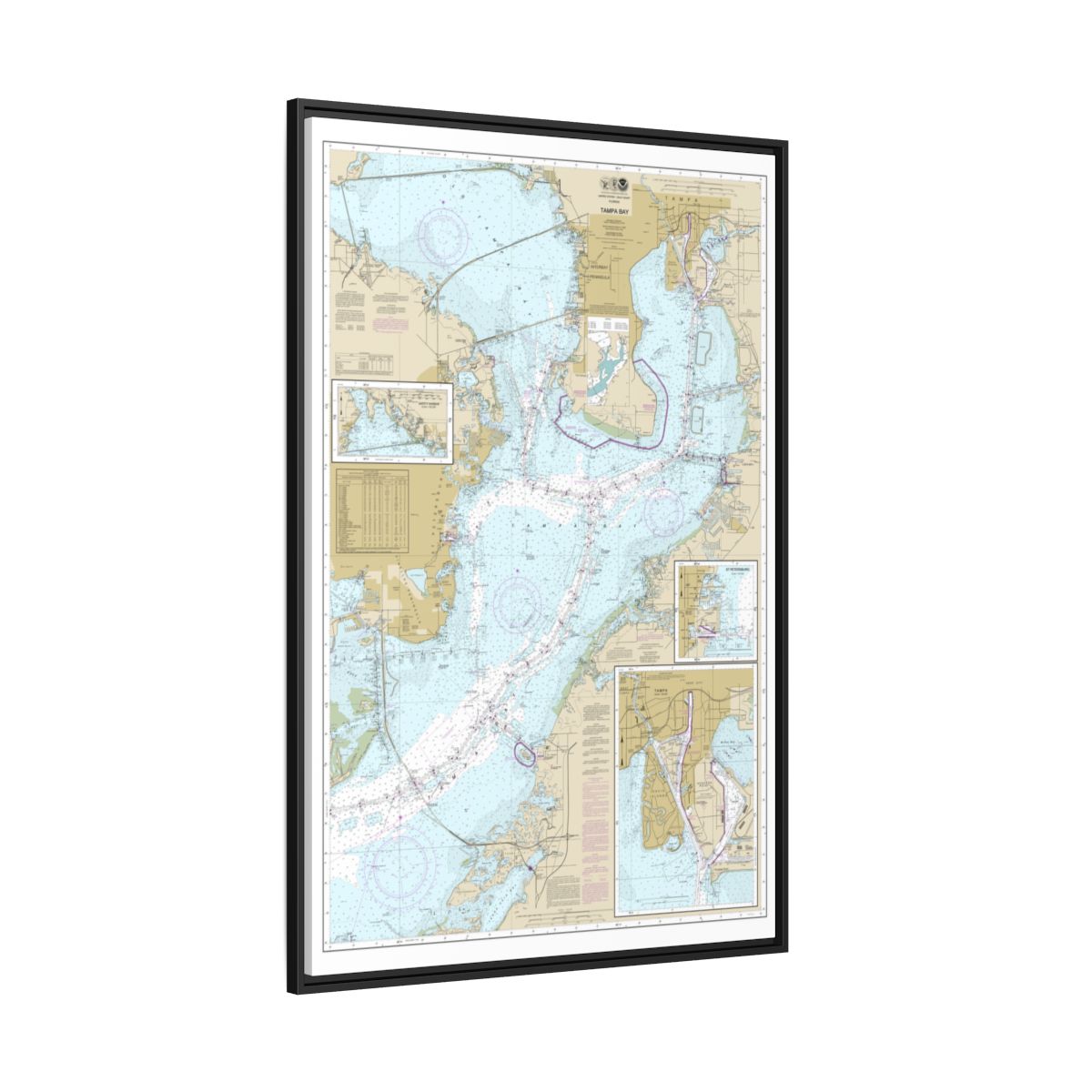 Chart 11416 Tampa Bay;Safety Harbor;St. Petersburg;Tampa - NOAA Nautical Chart Floating Frame Canvas | 20" x 30" | 24" x 36" | 32" x 48" - Black side