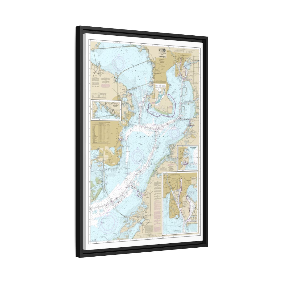 Chart 11416 Tampa Bay;Safety Harbor;St. Petersburg;Tampa - NOAA Nautical Chart Floating Frame Canvas | 20" x 30" | 24" x 36" | 32" x 48" - Black side