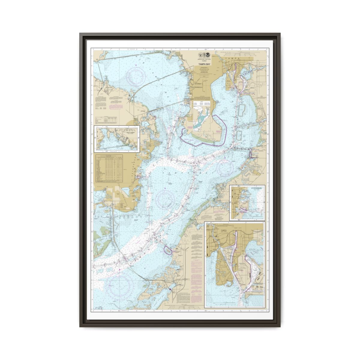 Chart 11416 Tampa Bay;Safety Harbor;St. Petersburg;Tampa - NOAA Nautical Chart Floating Frame Canvas | 20" x 30" | 24" x 36" | 32" x 48" - Espresso front