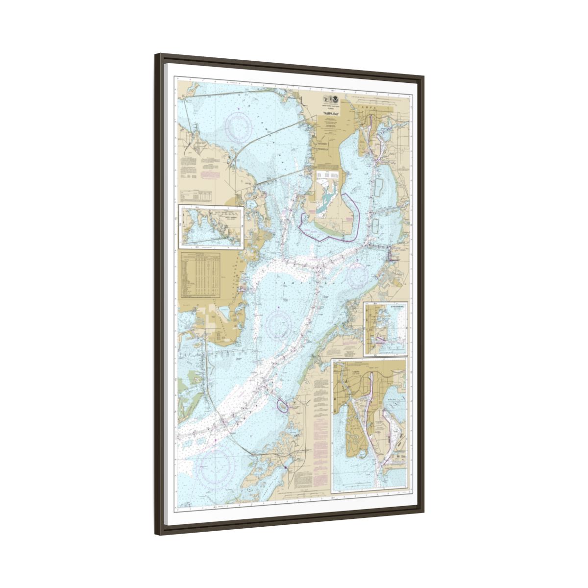 Chart 11416 Tampa Bay;Safety Harbor;St. Petersburg;Tampa - NOAA Nautical Chart Floating Frame Canvas | 20" x 30" | 24" x 36" | 32" x 48" - Espresso side