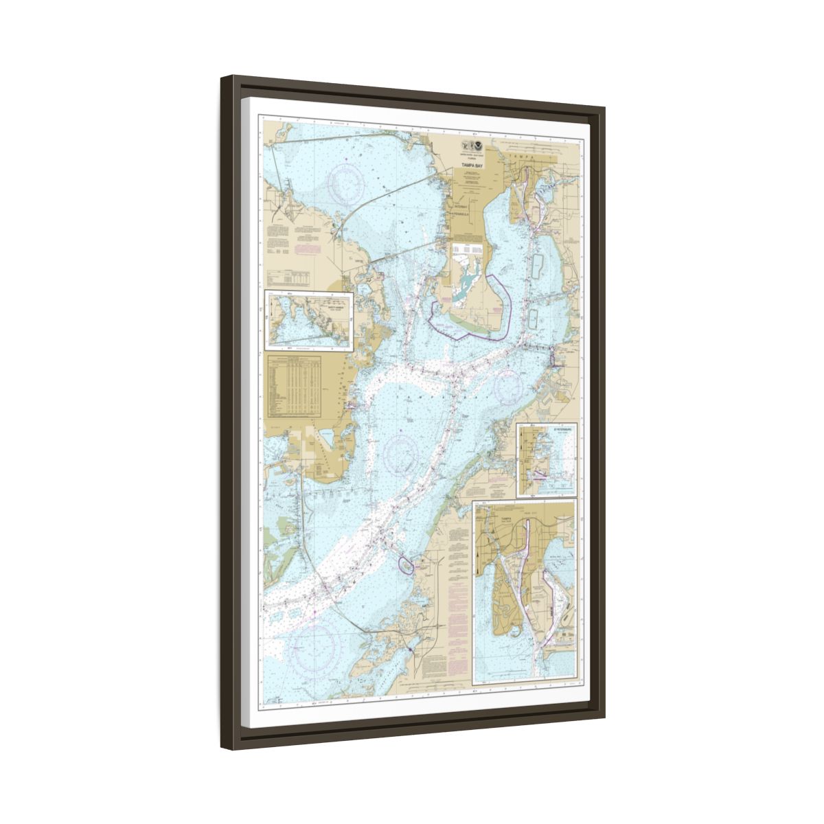 Chart 11416 Tampa Bay;Safety Harbor;St. Petersburg;Tampa - NOAA Nautical Chart Floating Frame Canvas | 20" x 30" | 24" x 36" | 32" x 48" - Espresso side