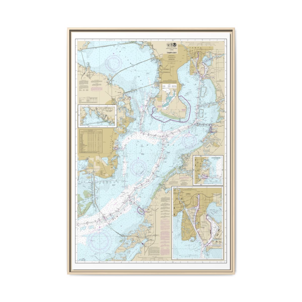 Chart 11416 Tampa Bay;Safety Harbor;St. Petersburg;Tampa - NOAA Nautical Chart Floating Frame Canvas | 20" x 30" | 24" x 36" | 32" x 48" - Natural front