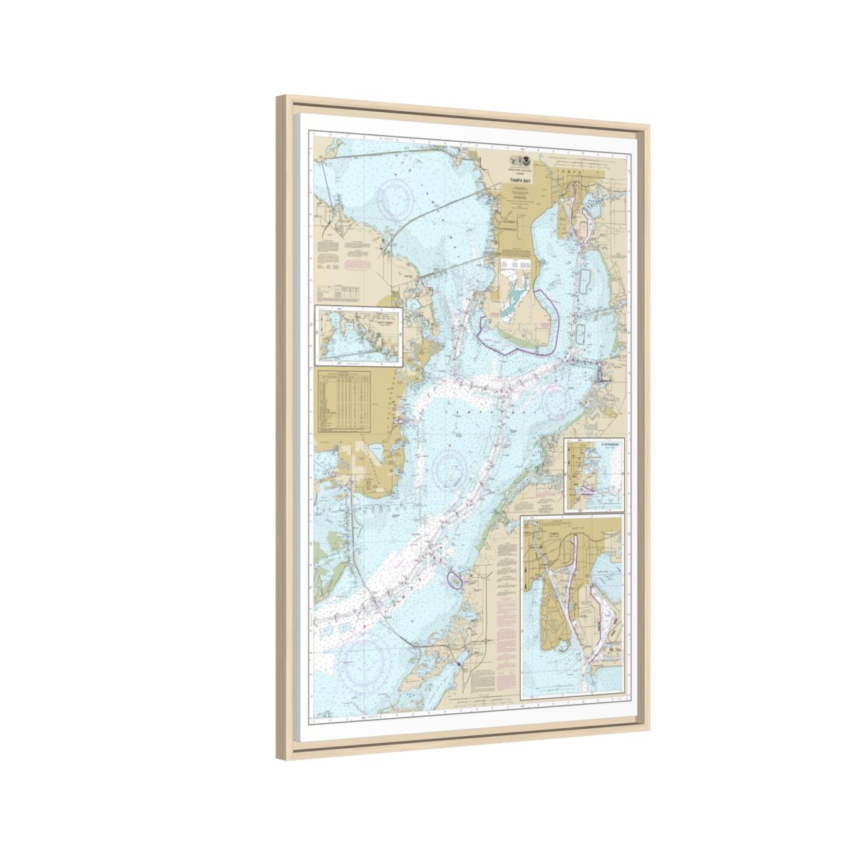 Chart 11416 Tampa Bay;Safety Harbor;St. Petersburg;Tampa - NOAA Nautical Chart Floating Frame Canvas | 20" x 30" | 24" x 36" | 32" x 48" - Natural side