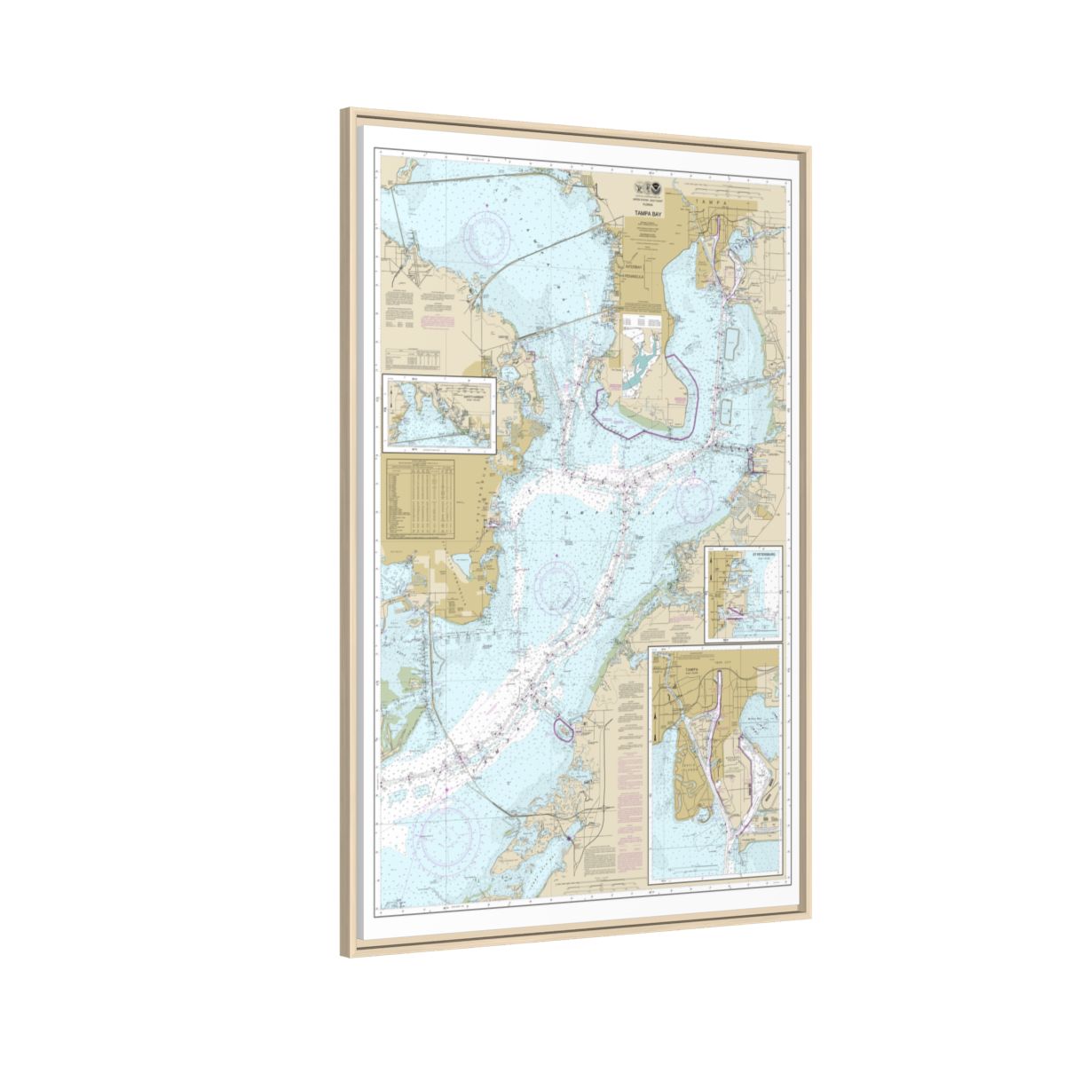 Chart 11416 Tampa Bay;Safety Harbor;St. Petersburg;Tampa - NOAA Nautical Chart Floating Frame Canvas | 20" x 30" | 24" x 36" | 32" x 48" - Natural side