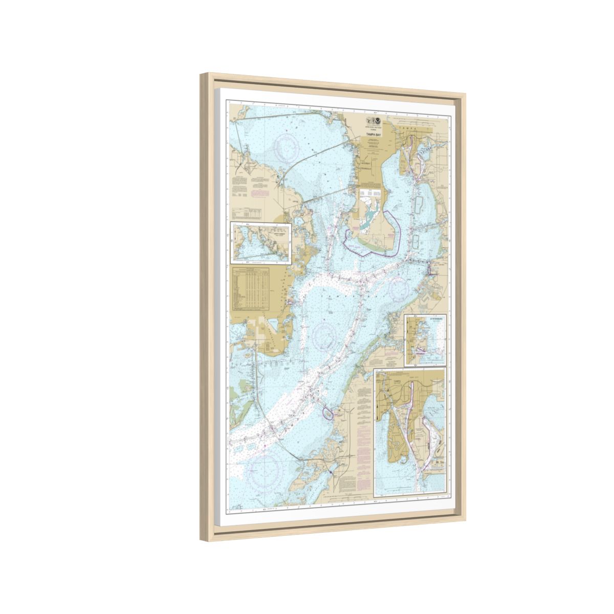 Chart 11416 Tampa Bay;Safety Harbor;St. Petersburg;Tampa - NOAA Nautical Chart Floating Frame Canvas | 20" x 30" | 24" x 36" | 32" x 48" - Natural side