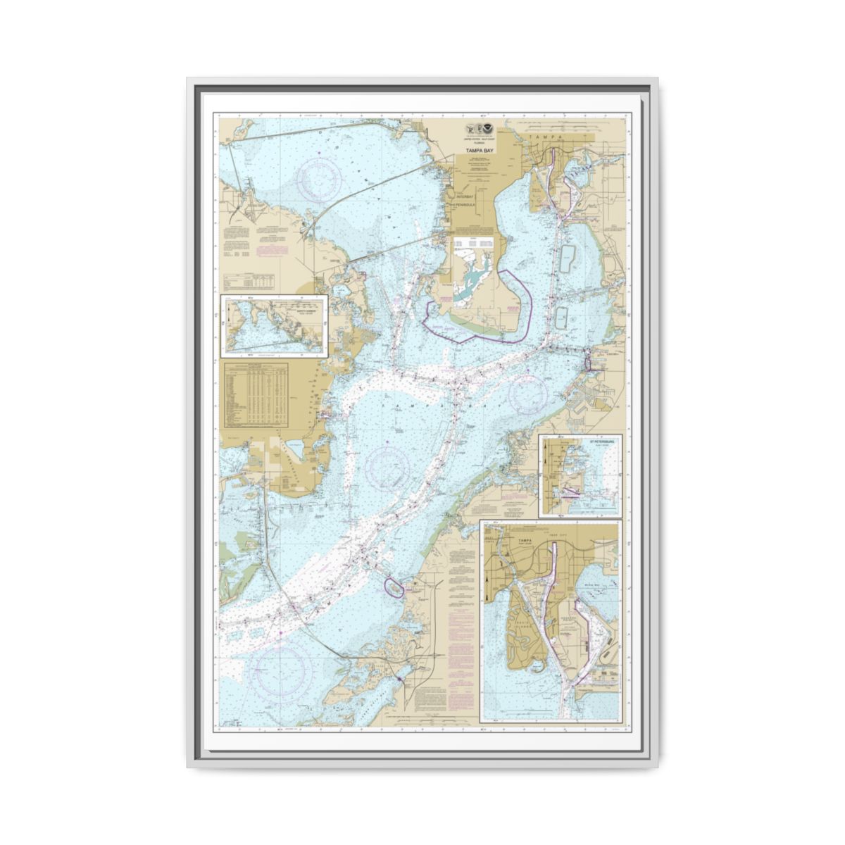 Chart 11416 Tampa Bay;Safety Harbor;St. Petersburg;Tampa - NOAA Nautical Chart Floating Frame Canvas | 20" x 30" | 24" x 36" | 32" x 48" - White front