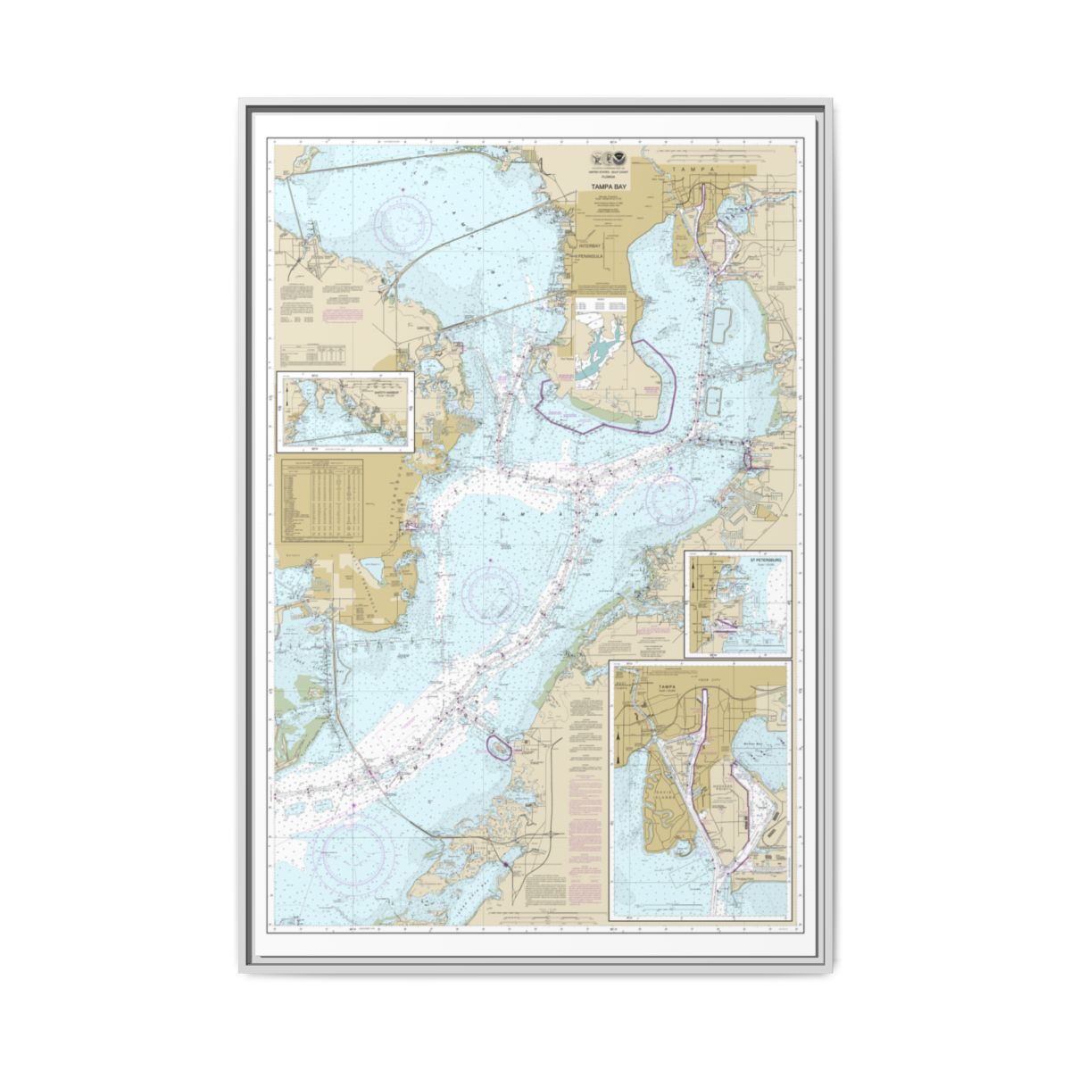 Chart 11416 Tampa Bay;Safety Harbor;St. Petersburg;Tampa - NOAA Nautical Chart Floating Frame Canvas | 20" x 30" | 24" x 36" | 32" x 48" - White front