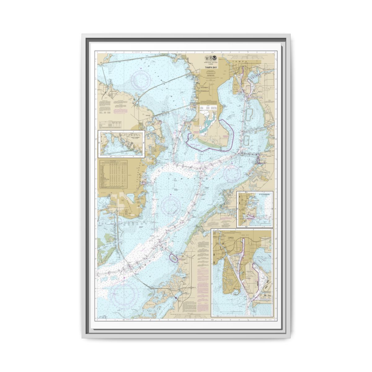 Chart 11416 Tampa Bay;Safety Harbor;St. Petersburg;Tampa - NOAA Nautical Chart Floating Frame Canvas | 20" x 30" | 24" x 36" | 32" x 48" - White front