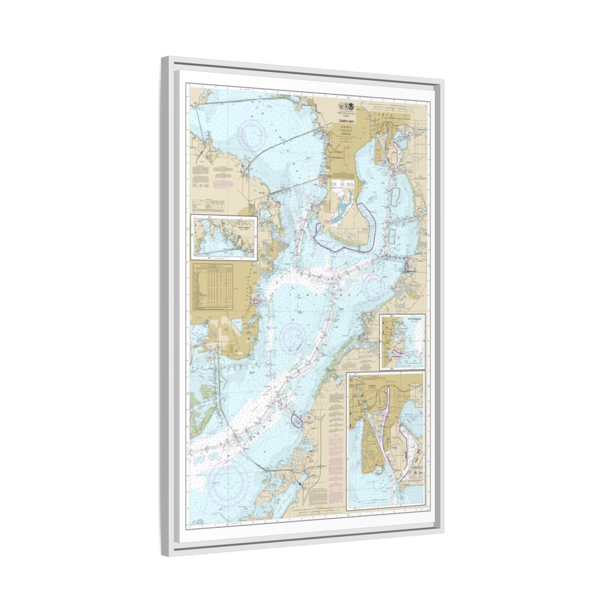 Chart 11416 Tampa Bay;Safety Harbor;St. Petersburg;Tampa - NOAA Nautical Chart Floating Frame Canvas | 20" x 30" | 24" x 36" | 32" x 48" - White side