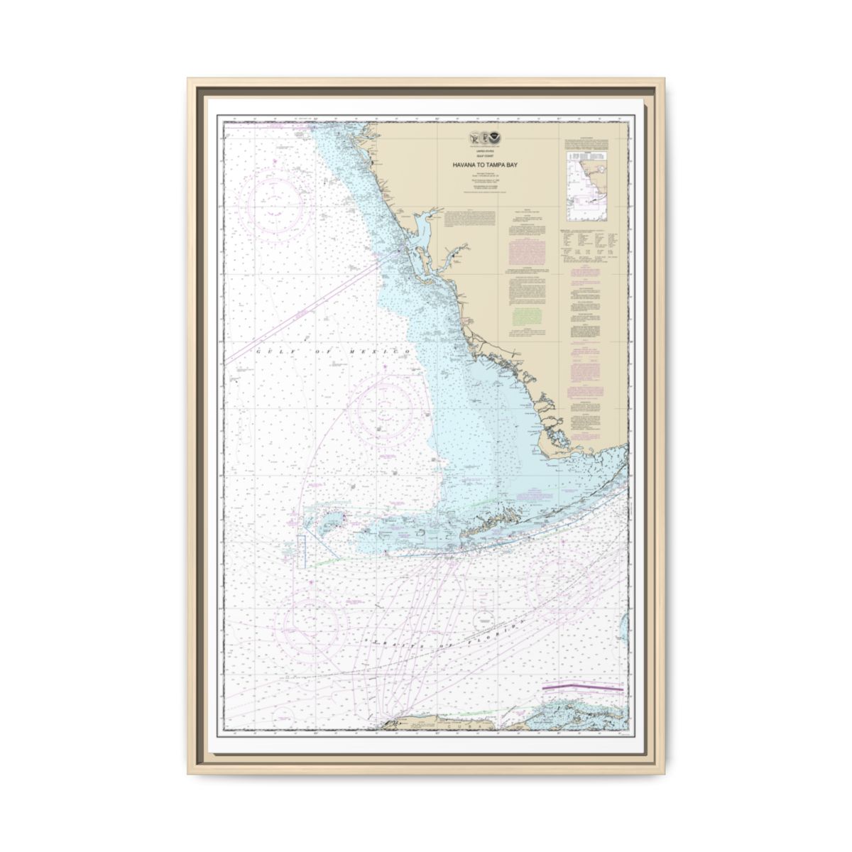 Chart 11420 Havana to Tampa Bay - NOAA Nautical Chart Floating Frame Canvas | 20" x 30" | 24" x 36" | 32" x 48" - Natural front