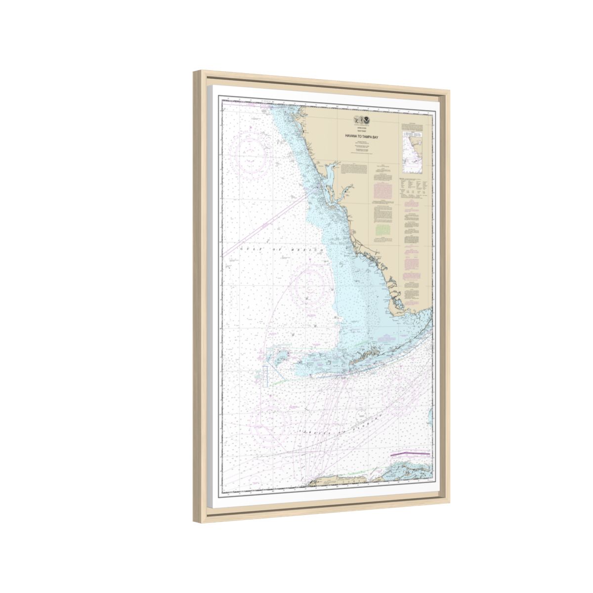 Chart 11420 Havana to Tampa Bay - NOAA Nautical Chart Floating Frame Canvas | 20" x 30" | 24" x 36" | 32" x 48" - Natural side