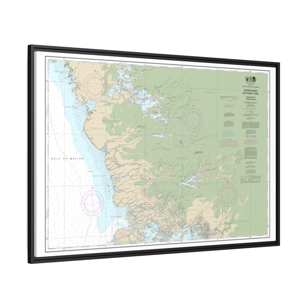 Chart 11432 Everglades National Park Shark River to Lostmans River - NOAA Nautical Chart Floating Frame Canvas | 30" x 20" | 36" x 24" | 48" x 32" - Black side