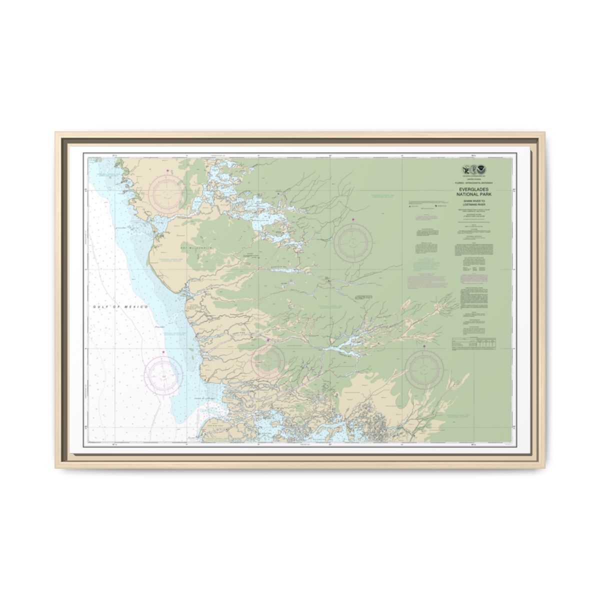 Chart 11432 Everglades National Park Shark River to Lostmans River - NOAA Nautical Chart Floating Frame Canvas | 30" x 20" | 36" x 24" | 48" x 32" - Natural front