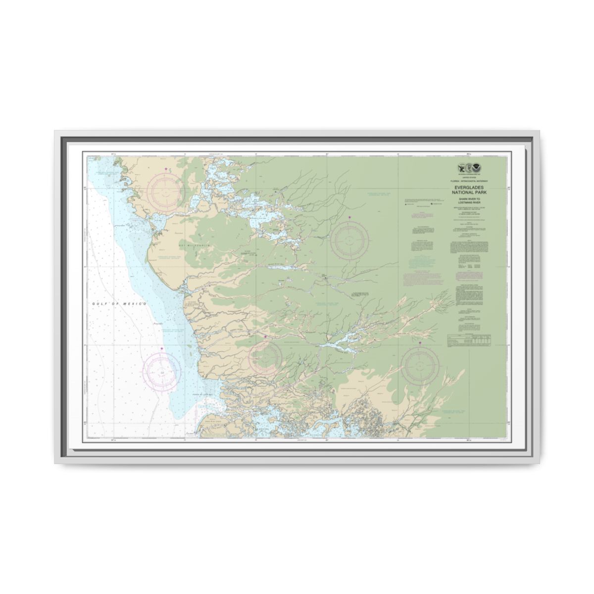 Chart 11432 Everglades National Park Shark River to Lostmans River - NOAA Nautical Chart Floating Frame Canvas | 30" x 20" | 36" x 24" | 48" x 32" - White front