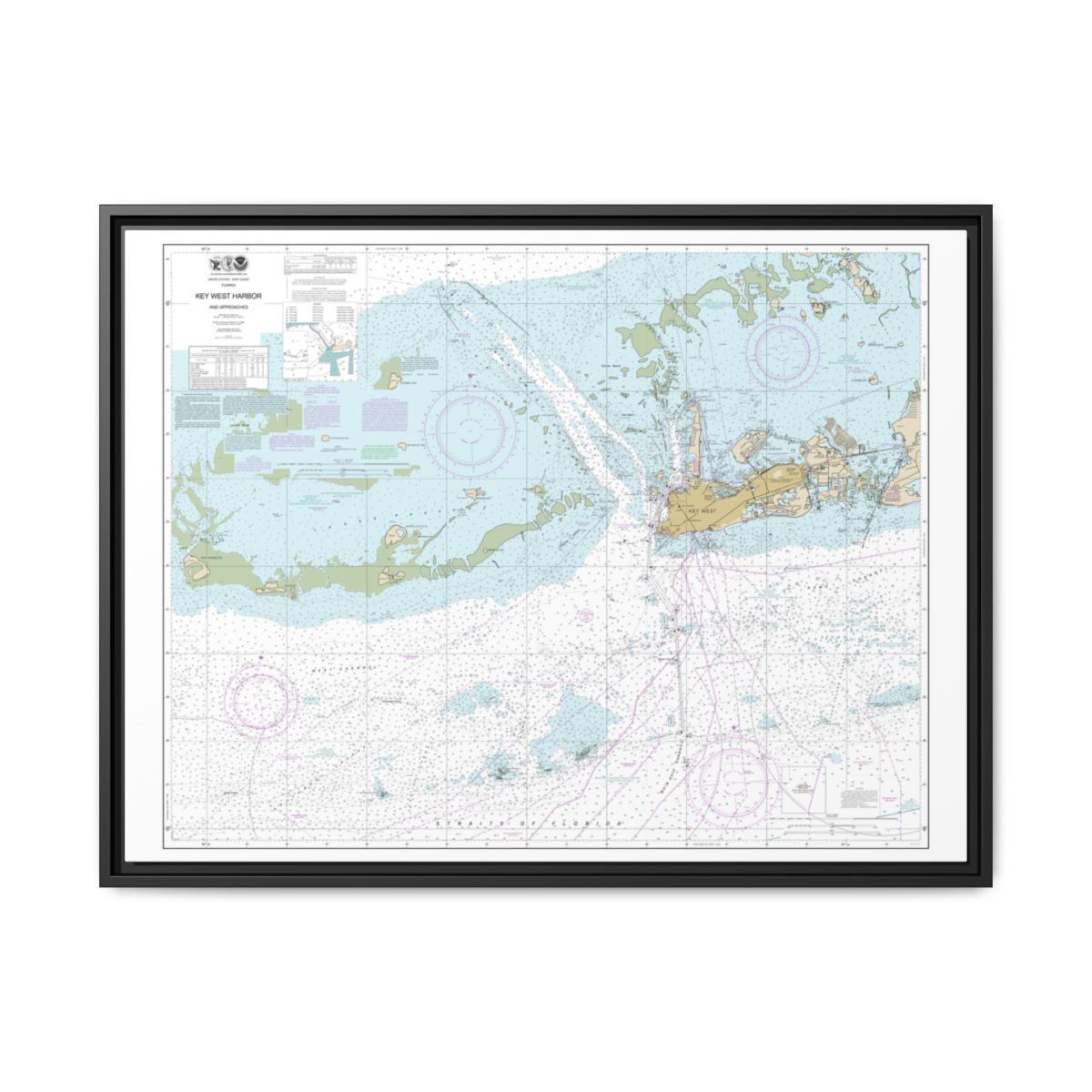 Chart 11441 Key West Harbor and Approaches - NOAA Nautical Chart Floating Frame Canvas | 32" x 24" | 40" x 30" - Black front