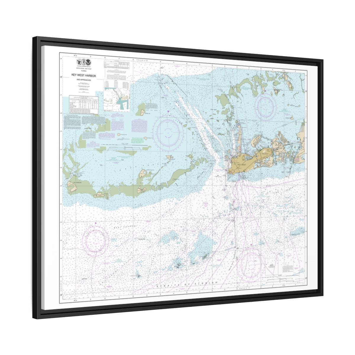Chart 11441 Key West Harbor and Approaches - NOAA Nautical Chart Floating Frame Canvas | 32" x 24" | 40" x 30" - Black side