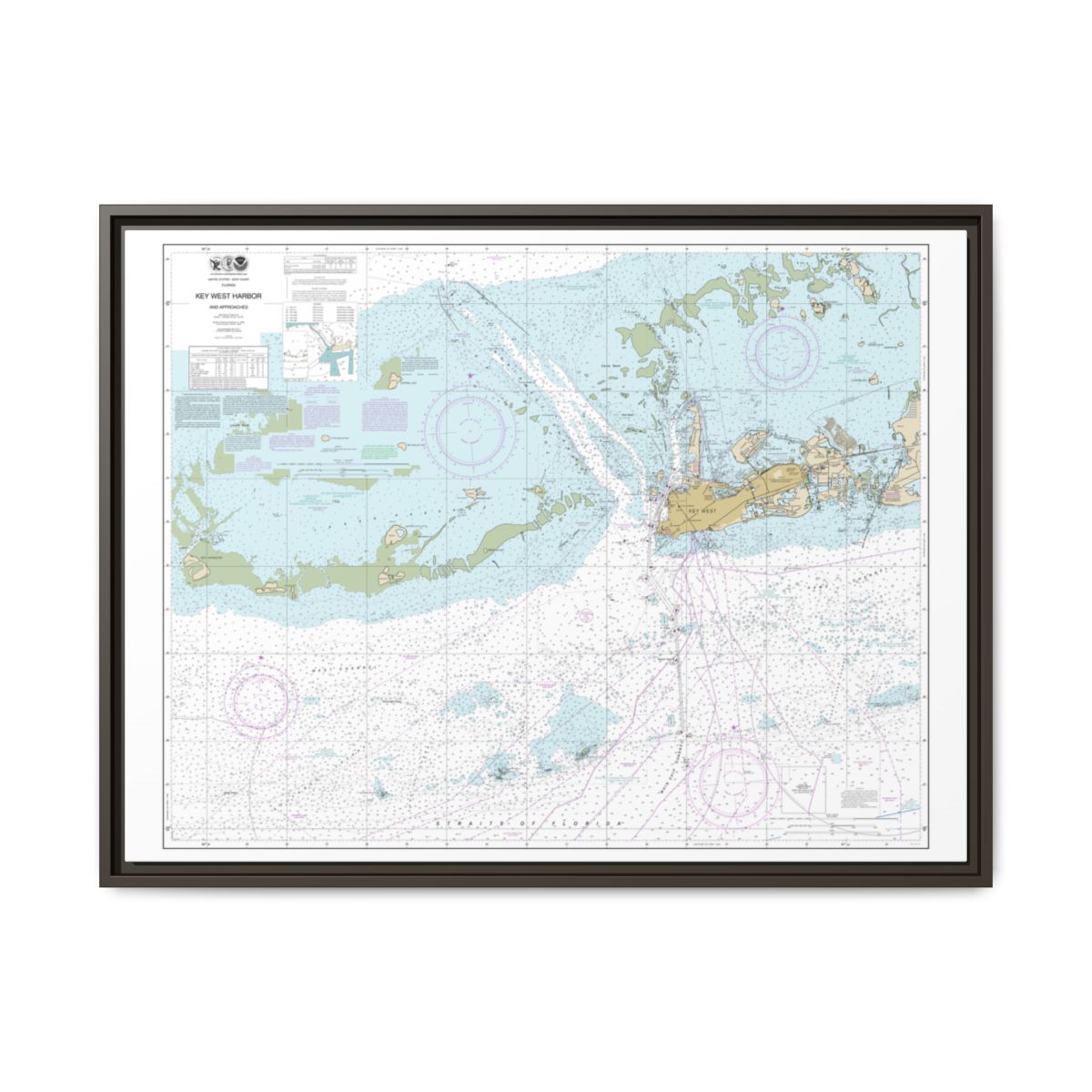 Chart 11441 Key West Harbor and Approaches - NOAA Nautical Chart Floating Frame Canvas | 32" x 24" | 40" x 30" - Espresso front