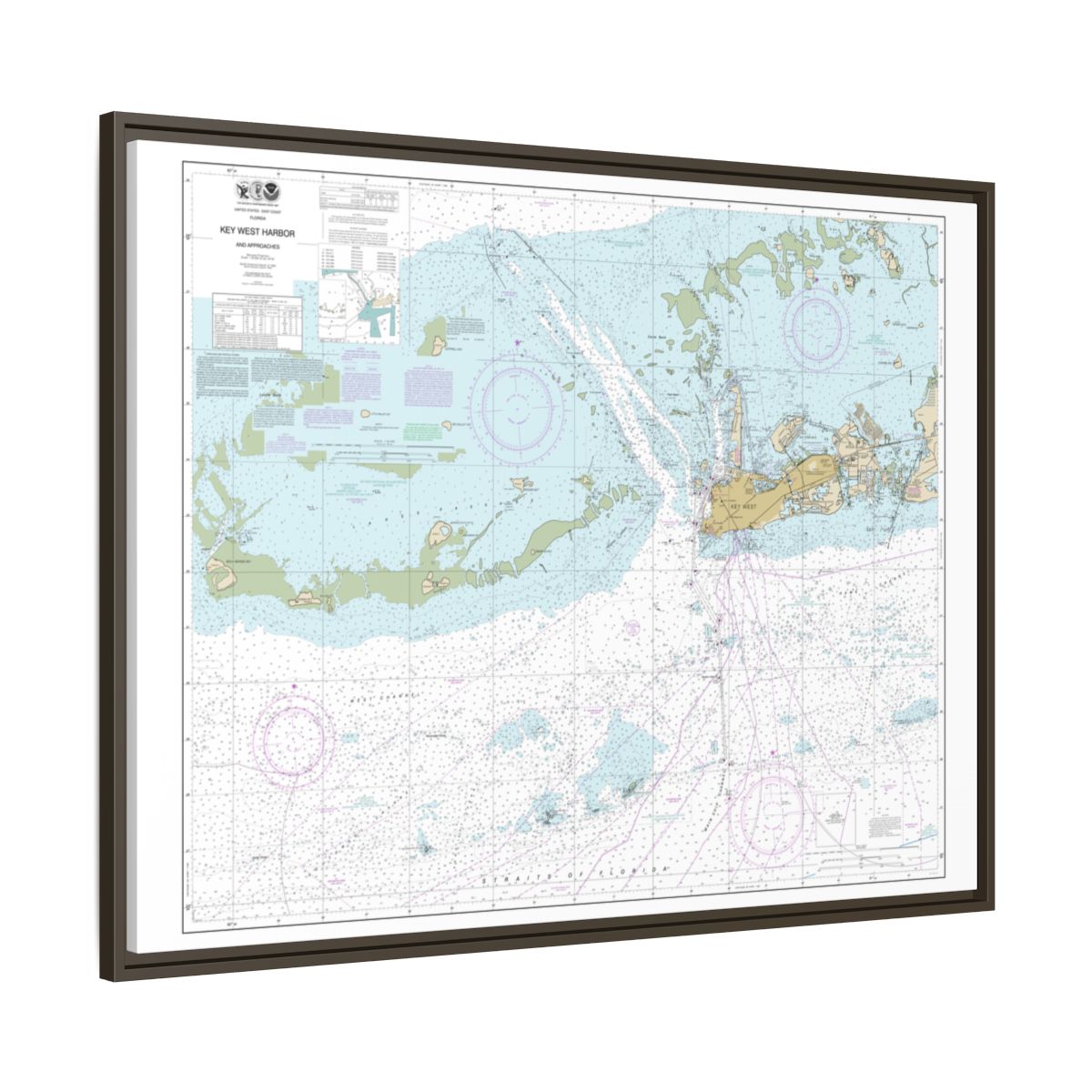 Chart 11441 Key West Harbor and Approaches - NOAA Nautical Chart Floating Frame Canvas | 32" x 24" | 40" x 30" - Espresso side