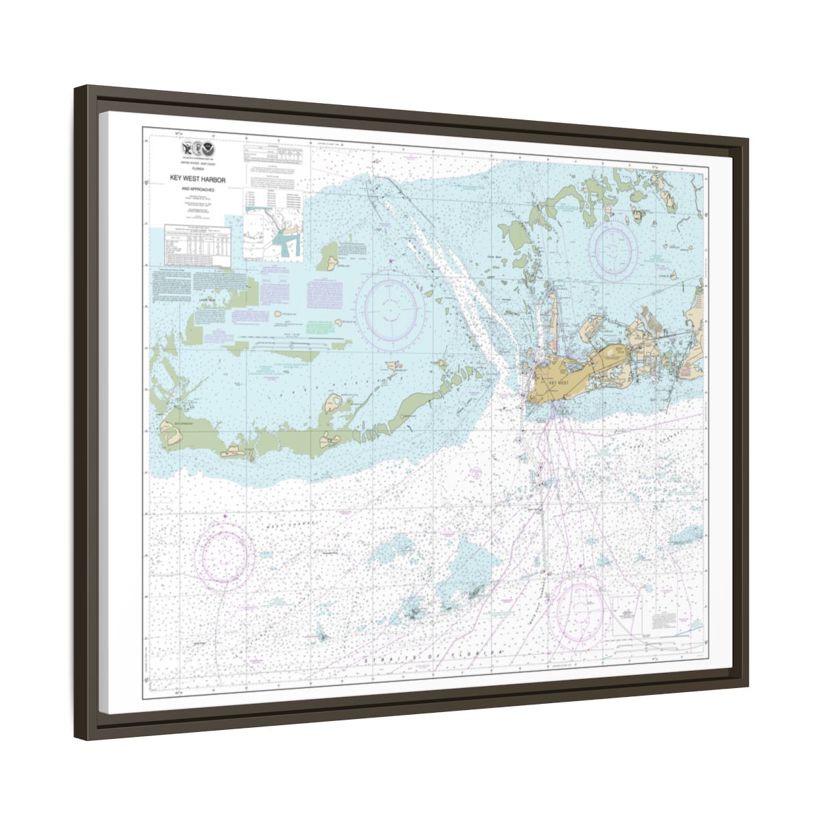 Chart 11441 Key West Harbor and Approaches - NOAA Nautical Chart Floating Frame Canvas | 32" x 24" | 40" x 30" - Espresso side